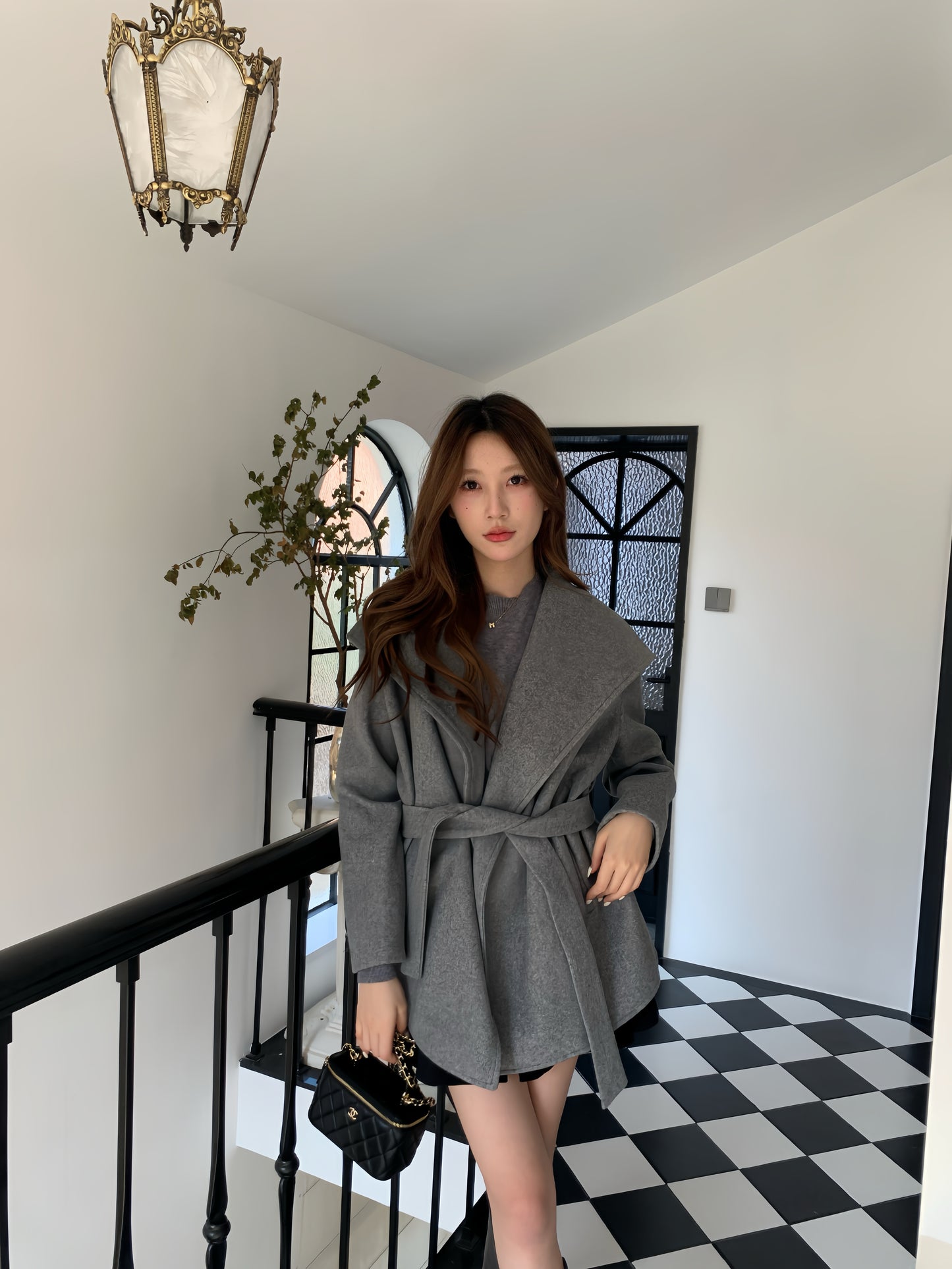 翻領毛呢綁腰大衣